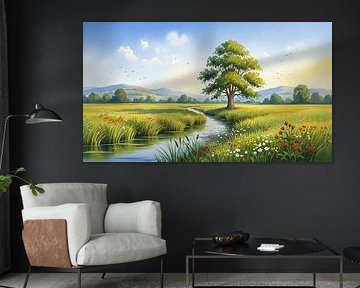 Landschaft mit Baum, Bach, Feld und Bergen von Markus Gann