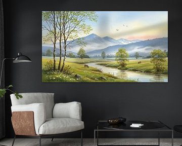 Peinture à l'aquarelle d'une rivière, d'une prairie, de montagnes et d'animaux