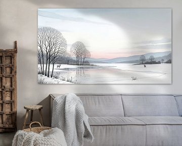 Peinture à l'aquarelle d'un paysage d'hiver avec neige, lac, arbres,