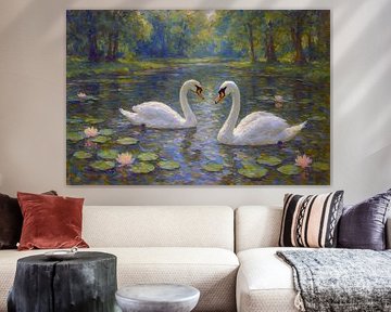 Schwäne in einem Teich mit Seerosen Gemälde. von Johannes
