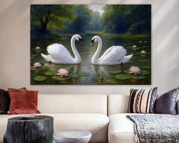 Schwäne in einem Teich mit Seerosen Gemälde. von Johannes