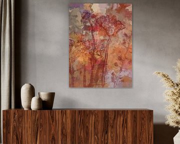 Art botanique abstrait moderne en brun rouille, orange et taupe sur Dina Dankers