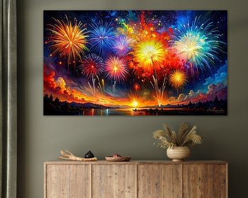 Fireworks like on New Year's Eve - a nocturnal colour storm of rainbow-coloured explosions over the lake, forest and mountains, reflected in a glowing sky full of eruptive light energy