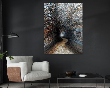 Abstract Solitude Road – Colorful Tree Pathway with Lone Figure by Ramy Salah Hefny