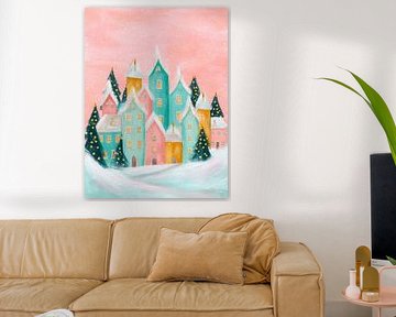 Pastel winter village in snowy landscape with pink sky and Christmas trees by But First Framing