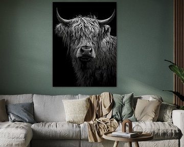Black and white Scottish highlander portrait with strong texture and deep contrasts