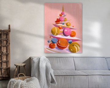 Abstrakter pastellfarbener Weihnachtsbaum mit bunten Ornamenten auf rosa Hintergrund von But First Framing