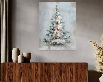 Arbre de Noël en neige pastel avec des coups de pinceau doux et des ornements colorés sur But First Framing