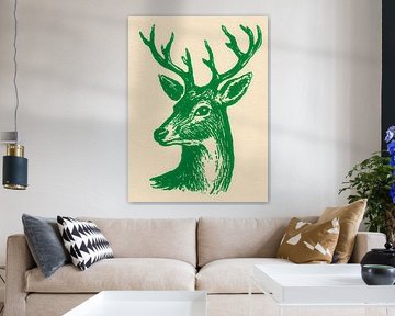 Grüner Linoldruck Hirschkopf im minimalistischen Weihnachtsstil auf beigem Hintergrund