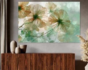 Blumen Transparentes Beige mit grünen Akzenten in verträumter Abstraktion von Eva Lee