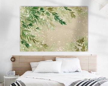 Tannenzweige Aquarell Grün mit Schnee auf Beige Hintergrund von Eva Lee