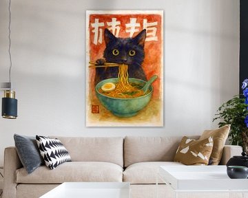 Peinture d'un chat mangeant des nouilles. sur Johannes