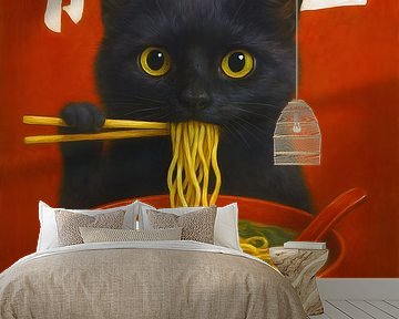 Kat die noedels eet schilderij. van Johannes