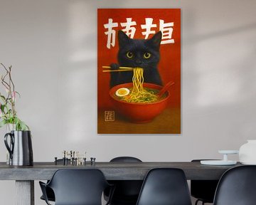 Peinture d'un chat mangeant des nouilles. sur Johannes