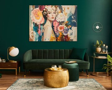 Boho Chic Porträt einer Frau mit Blumen im Retro-Stil