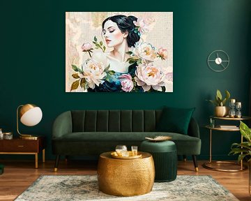 Boho Chic portret van een vrouw met pioenrozen in retro stijl van Studio Pieternel
