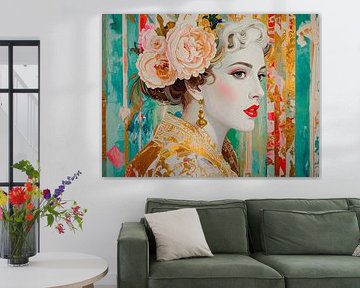 Art Deco / Pop Art Portrait einer eleganten Frau mit Blumen