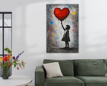Meisje met hartjes ballon street art schilderij. van Johannes