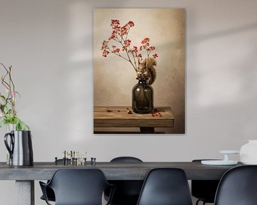 Eichhörnchen auf Glasvase - Minimalistisches Stillleben mit Beeren & Holz