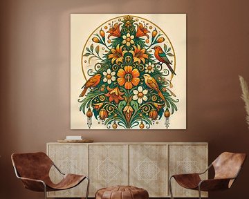 Christmas tree with flowers and birds by Tatjana Korneeva