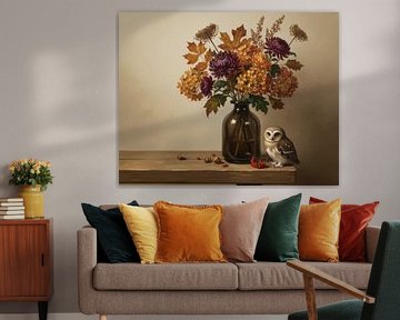 Eule am Herbststrauß - Warmes Stillleben mit Blumen