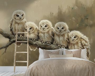 Still life Five Young Owls on Branch by By Marjolein Design