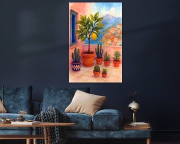 Mediterraans balkon met citroenen schilderij. van Johannes