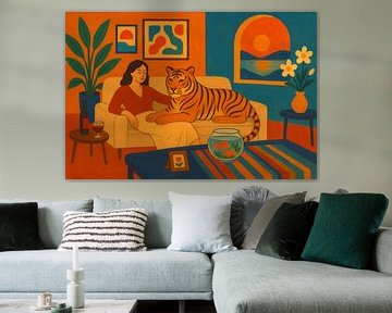 Woman with tiger on sofa illustration. by Johannes