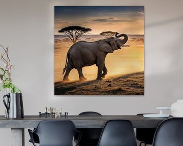 Olifant in Savanne bij zonsondergang van Markus Gann