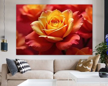 Close-up foto van een oranje en gele roos van Markus Gann