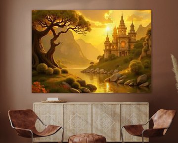 Digitale rendering van kasteel aan meer bij zonsondergang van Markus Gann