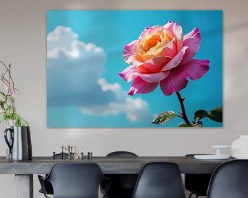 Roze en gele roos tegen blauwe lucht van Markus Gann