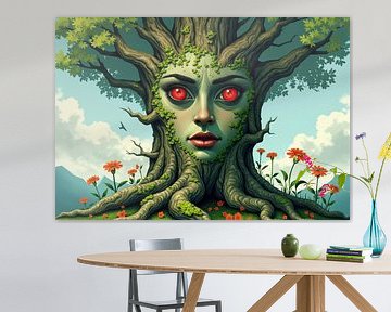 Baum mit weiblichem Gesicht und orangefarbenen Blumen von Markus Gann
