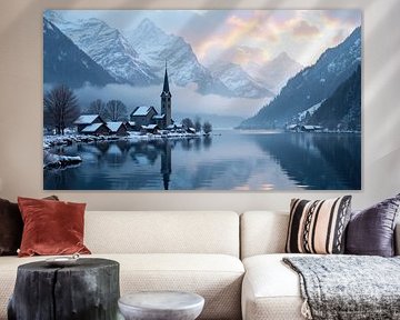 Snow-Covered Village by Lake and Mountains at Dawn by Markus Gann
