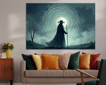 Person in Robe and Hat Facing Moon with Circular Design