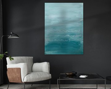 Horizon – Blue Abstract Painting with Waves of Text by Theda Wiebrands