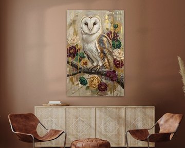 Nature morte Chouette dans un étalage floral