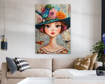 Mädchen mit großen Augen | Mädchen mit Hut und Vögeln