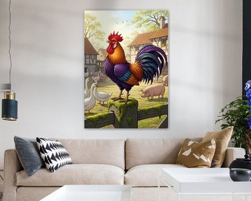 Hahn auf Zaun mit Nutztieren und Gebäuden von Markus Gann