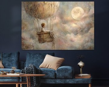 Hot air balloon by Moonlight - Dreamy Painting by Peter Pen Drawings and Paintings