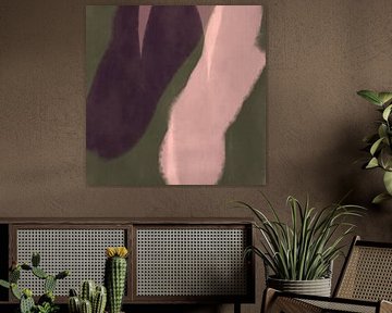 Peinture abstraite minimaliste moderne en vert, rose et violet foncé sur Dina Dankers