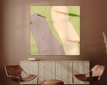 Modern abstract minimalistisch schilderij in lichtgroen, wit en lila van Dina Dankers