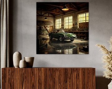 Jaguar Typ E in rustikaler Werkstatt-Szene von Jan Keteleer