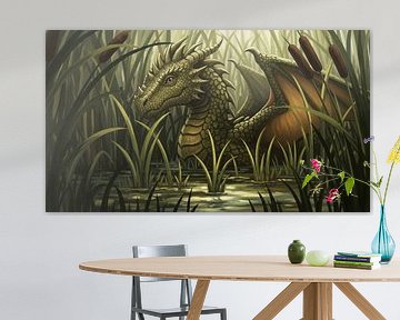 Drache im Sumpf mit Rohrkolben und hohen Gräsern von Markus Gann