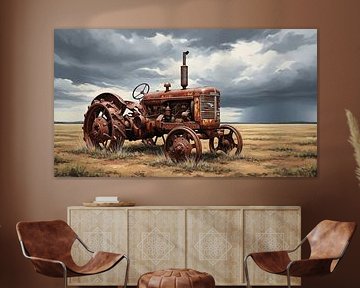 Rostiger Traktor im Feld unter stürmischem Himmel von Markus Gann