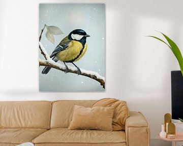 L'hiver ! Superbe mésange sur une branche nue recouverte de neige sur Studio Pieternel