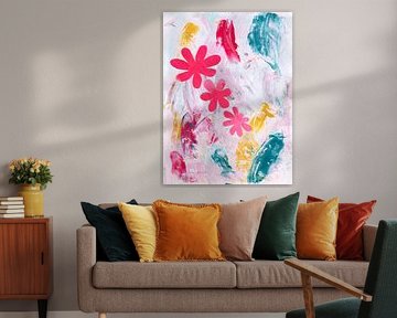 Radiance - Abstract Flower Painting | Modern Wall Art in Blue, Pink and Yellow by Theda Wiebrands