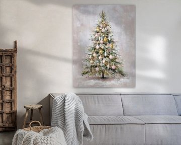 Weich gestrichener Weihnachtsbaum in Pastellfarben mit goldenen und rosa Ornamenten