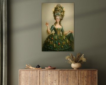 Rokoko-Porträt einer festlichen Dame im weihnachtlichen Stil mit Kerzen und Ornamenten