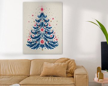 Fröhliche moderne Weihnachtsbaum Illustration in blau, rosa und goldenen Akzenten
